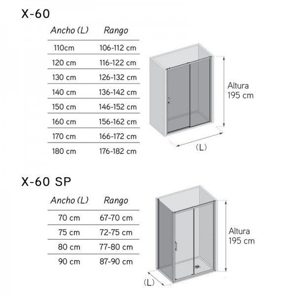 Mampara puerta y fijo en línea X-60  + Fijo en ángulo X60SP