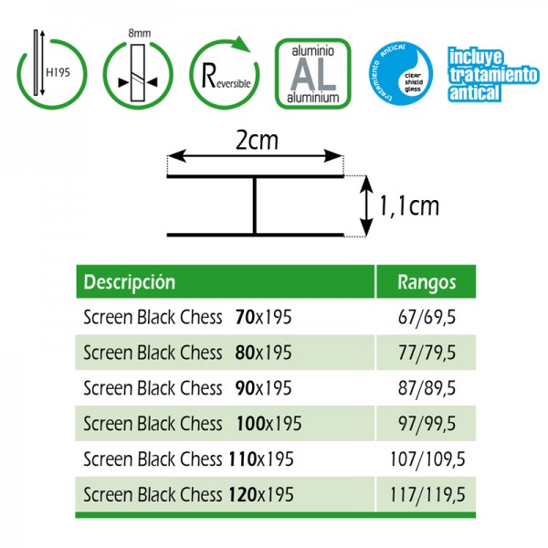 Fijo de ducha SCREEN BLACK CHESS XXL - doble fijo serigrafía en negro