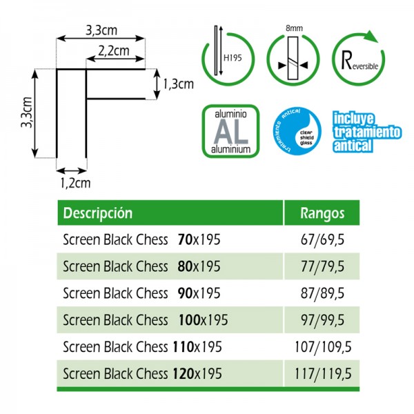 Fijo de ducha SCREEN BLACK CHESS ANGULAR - fijos en angulo con serigrafía en negro