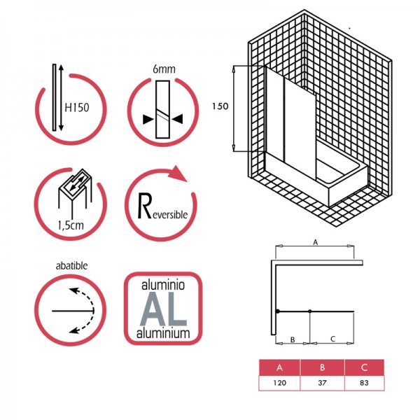 Mampara de bañera OPEN 2 - panel fijo+abatible 150x122