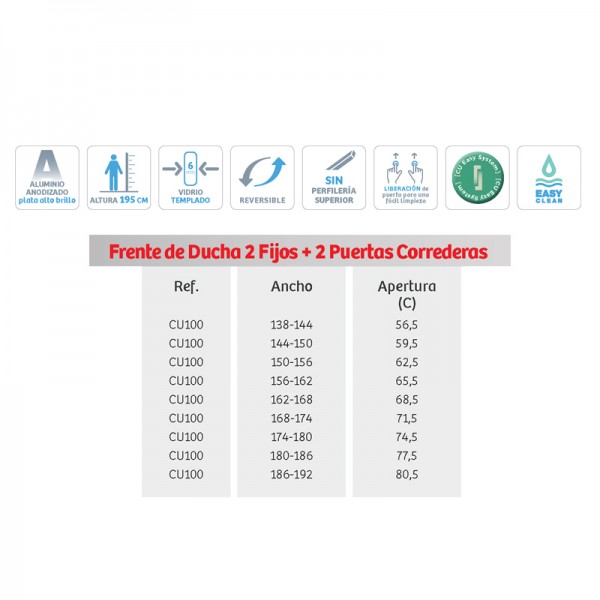 Mampara de ducha serie 400- 2 Paneles Fijo + 2 Puertas Corredera