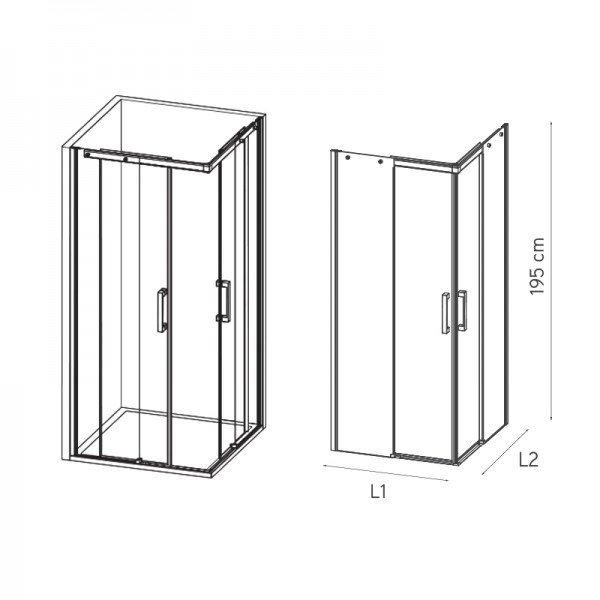 Mampara de ducha cuadrada S.5000 CU - 2 puertas + 2 fijos en ángulo
